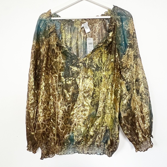 Cache Top Blouse Shirt L Large Sheer Gold Blue Brown Print Metallic Silk Vintage - Picture 1 of 6